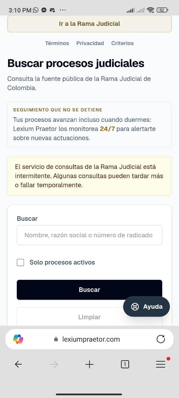 Captura mobile de Buscar procesos judiciales en Lexium Praetor